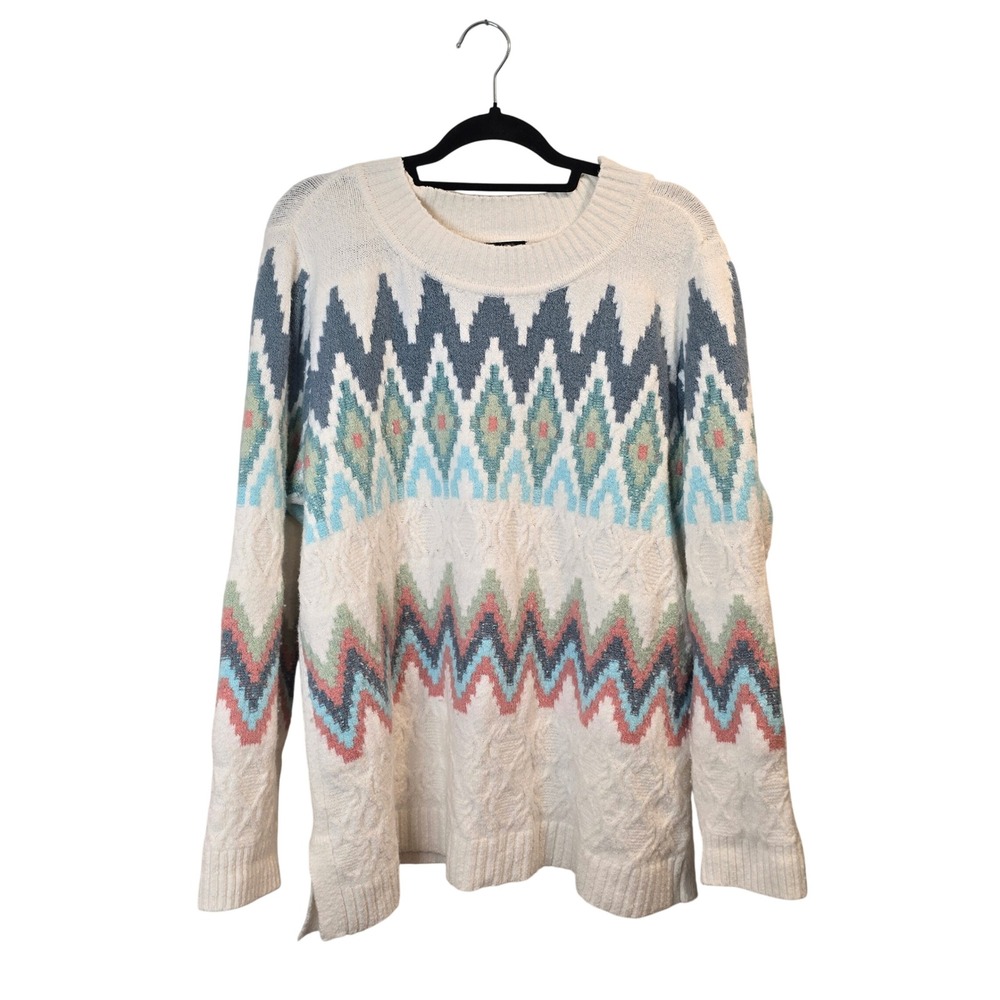 Talbots Sweater Womens Large Ivory‎ Multi Color Fair Isle Geometric Cable Knit